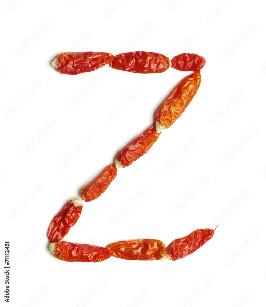 Alphabet letter Z arranged from chili peppers isolated Alphabet letter Z arranged from chili peppers isolated