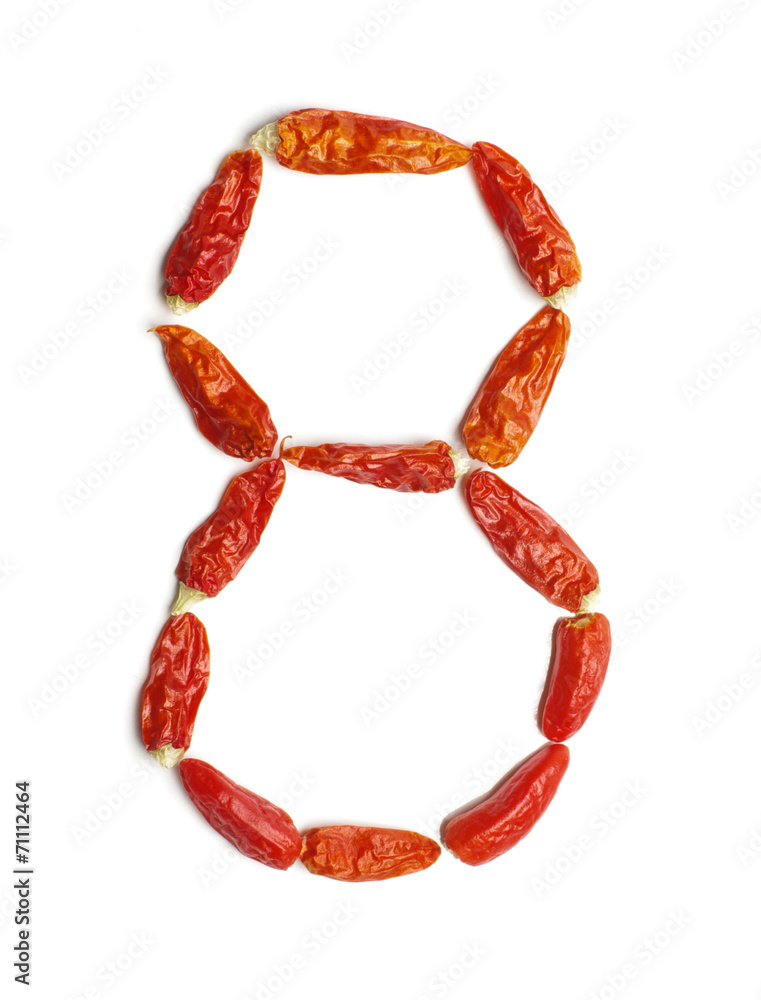 Number 8 arranged from chili peppers isolated Number 8 arranged from chili peppers isolated