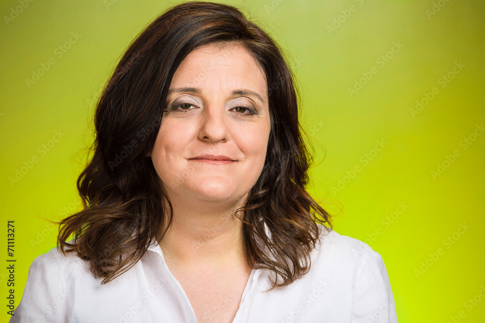 Headshot happy smiling woman isolated green background Headshot happy smiling woman isolated green background