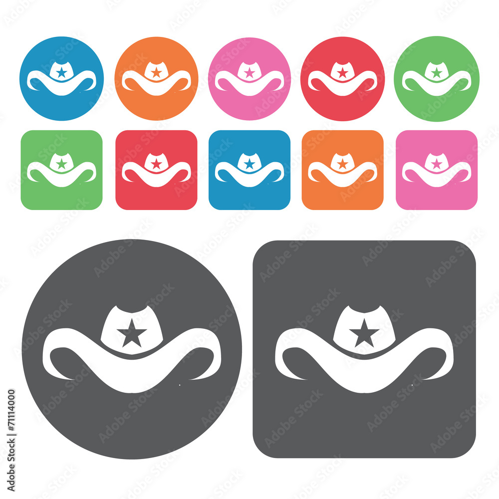Cowboy Hat Icon. Amarica Sign Icons Set. Round And Rectangle Col Cowboy Hat Icon. Amarica Sign Icons Set. Round And Rectangle Col