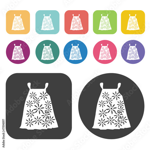 Dress With Flower Design Icon. Clothes Flat Icons Set. Round And