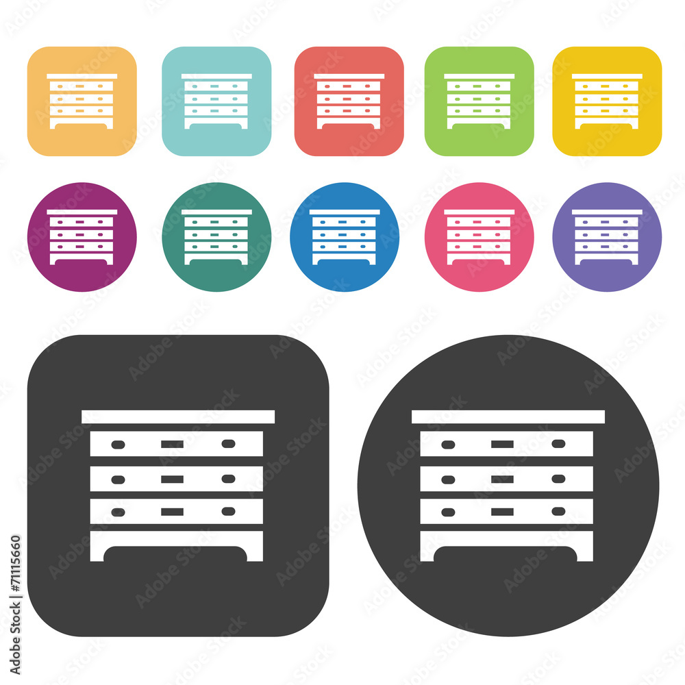 Drawers Icon. Furniture Icons Set. Round And Rectangle Colourful