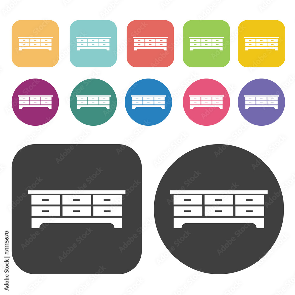 Drawers Icon. Furniture Icons Set. Round And Rectangle Colourful