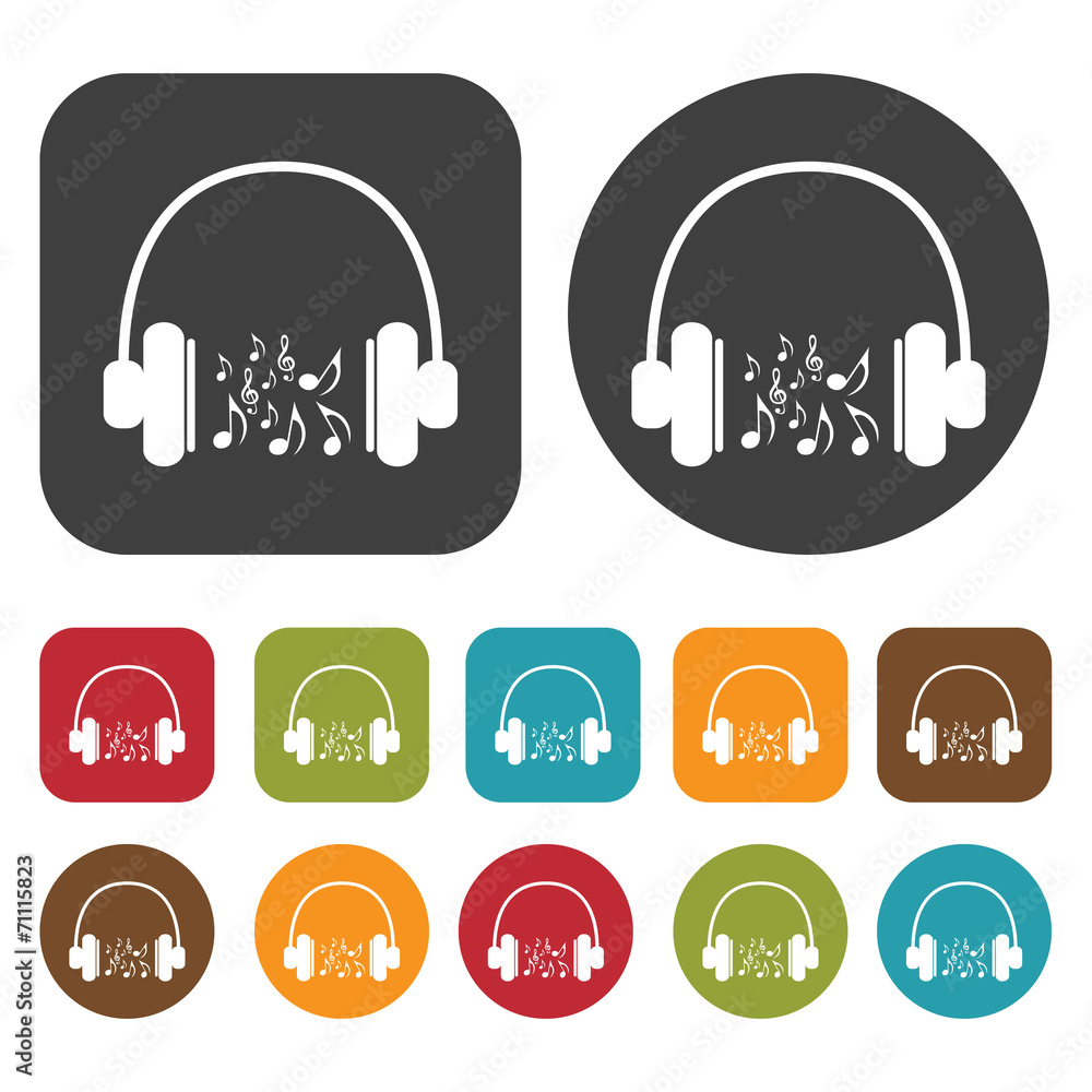 Headphones music notes icons set. Round and rectangle colourful Headphones music notes icons set. Round and rectangle colourful