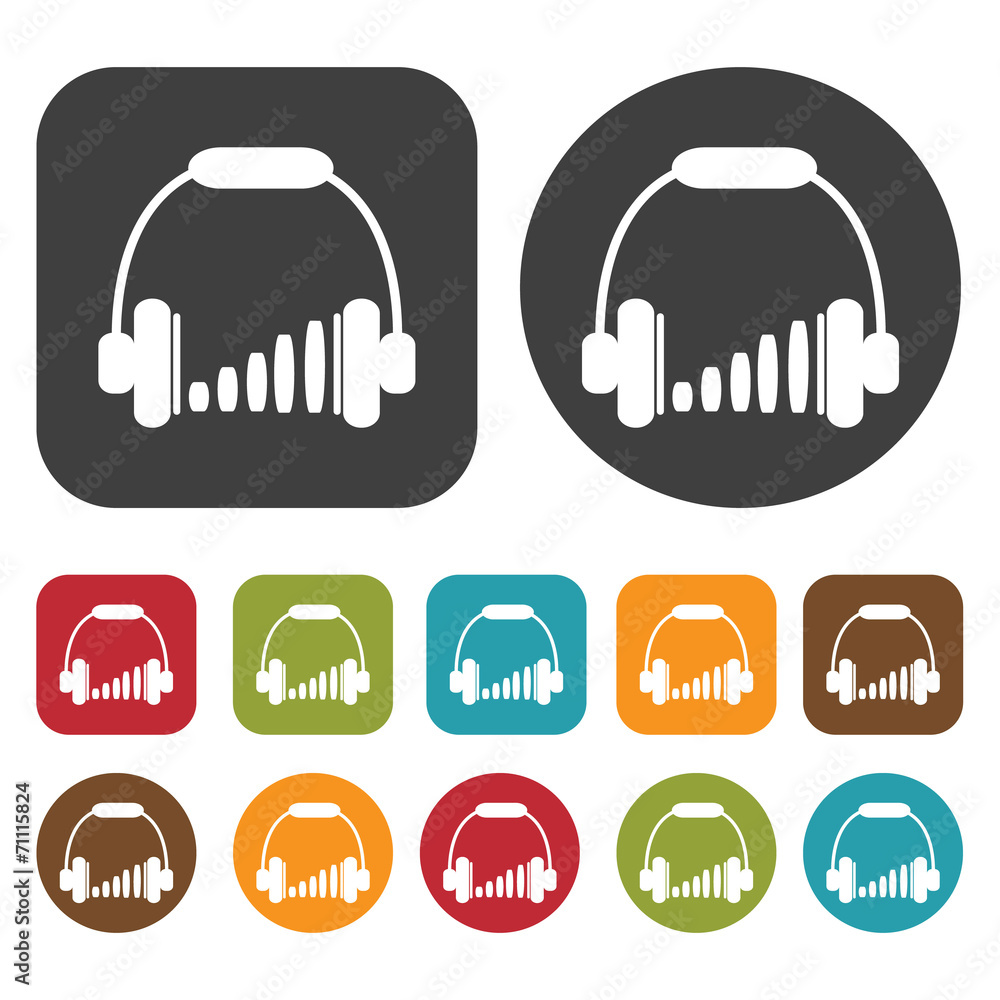 Headphones volume bars icons set. Round and rectangle colourful Headphones volume bars icons set. Round and rectangle colourful