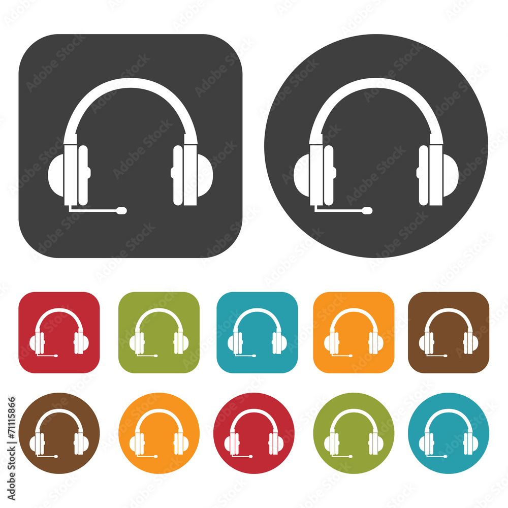 Headphones with microphone icons set. Round and rectangle colour Headphones with microphone icons set. Round and rectangle colour