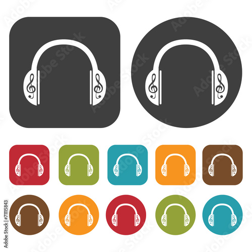 Headphones g-clef design icons set. Round and rectangle colourfu photo