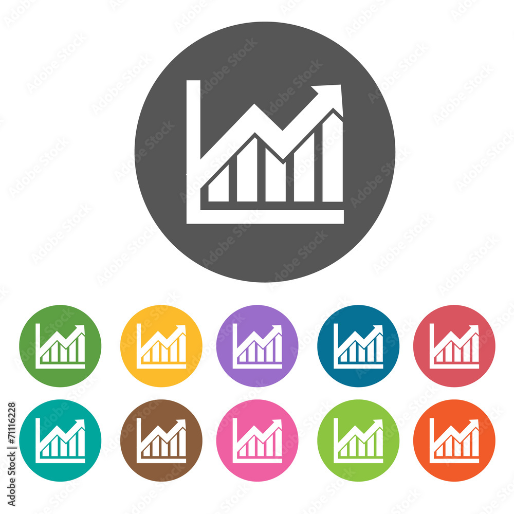 Monitoring graph icon. Money finance icons set. Round colourful Monitoring graph icon. Money finance icons set. Round colourful