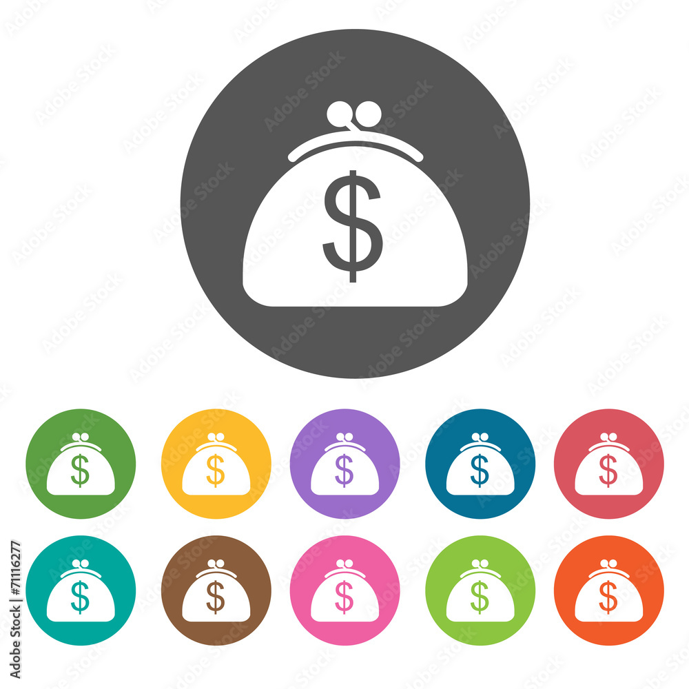 Pouch icon. Money finance icons set. Round colourful 12 buttons. Pouch icon. Money finance icons set. Round colourful 12 buttons.