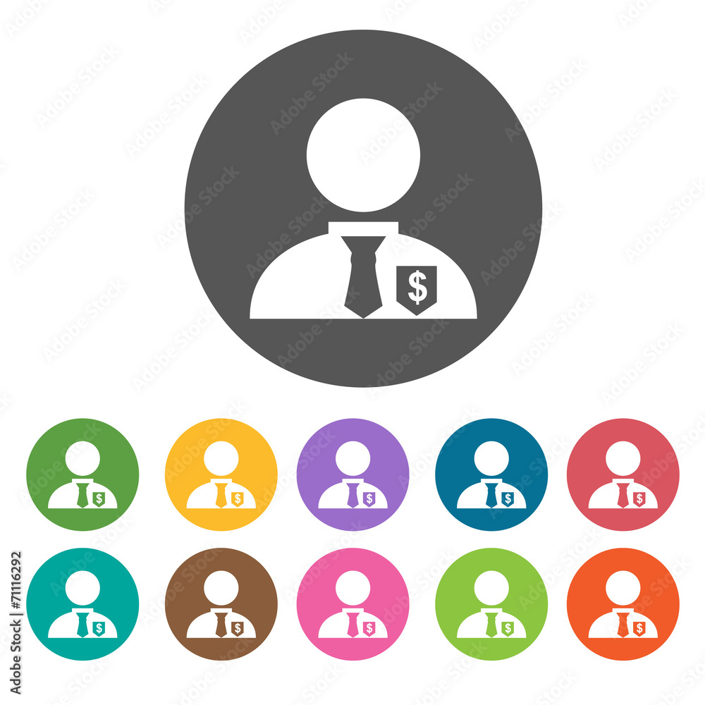 Banker icon. Money finance icons set. Round colourful 12 buttons Banker icon. Money finance icons set. Round colourful 12 buttons