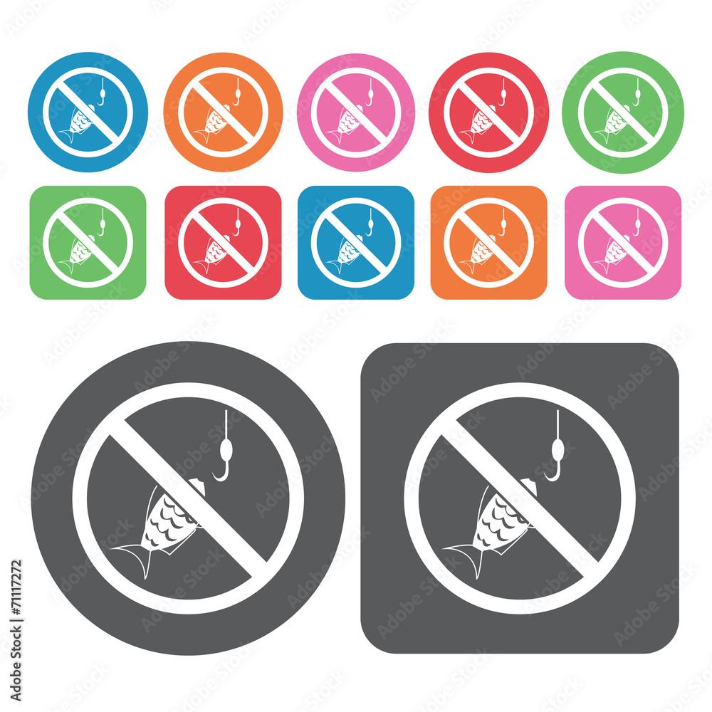 No Fishing Icon. Prohibited Signs Icons Set. Round And Rectangle No Fishing Icon. Prohibited Signs Icons Set. Round And Rectangle