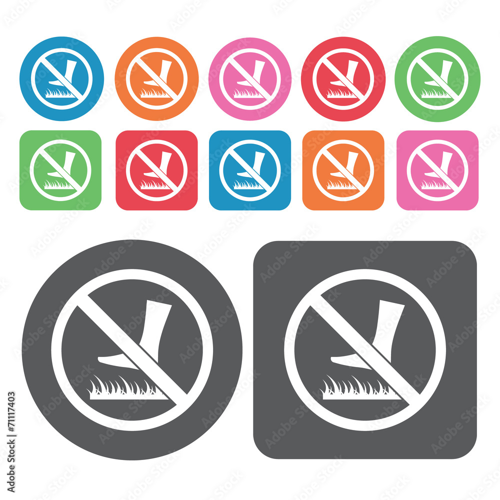 No Walking On The Grass Icon. Prohibited Signs Icons Set. Round No Walking On The Grass Icon. Prohibited Signs Icons Set. Round