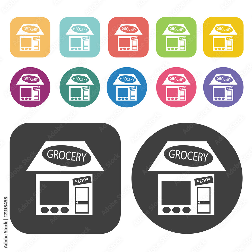 Grocery Store Icon. Store Icon Sets. Round And Rectangle Colourf Grocery Store Icon. Store Icon Sets. Round And Rectangle Colourf