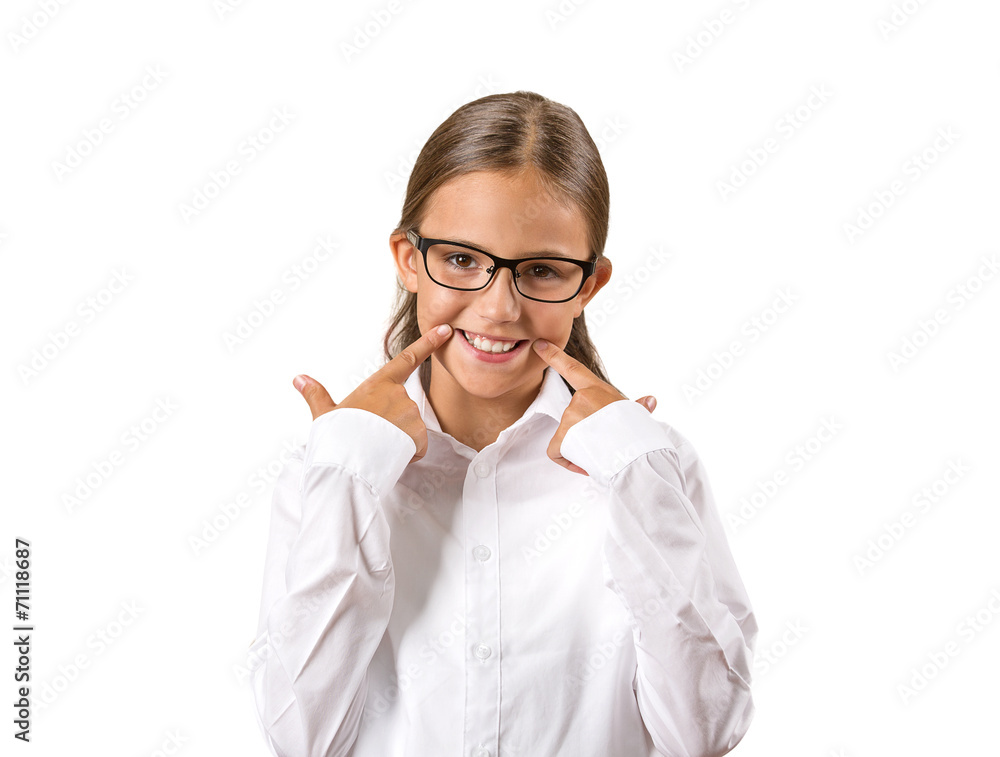 girl with glasses making fake smiling face expression