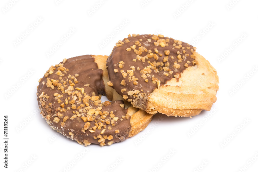 Fototapeta premium Round Biscuits With Chocolate And Peanuts Isolated On White