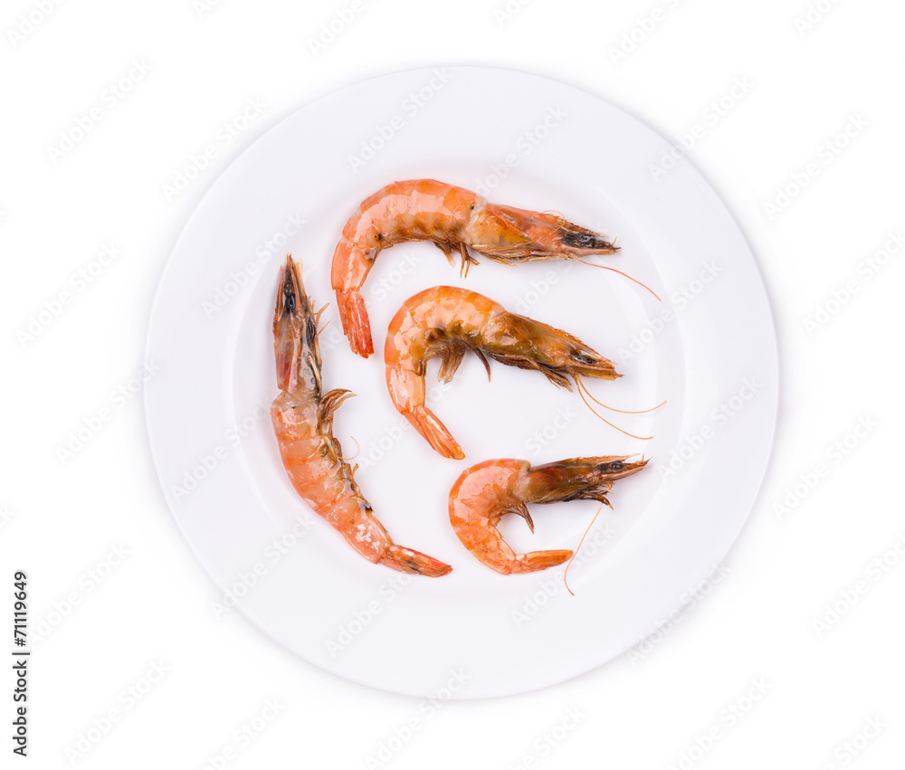 Boiled shrimps on plate.
