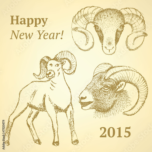 Sketch New Year ram in vintage style