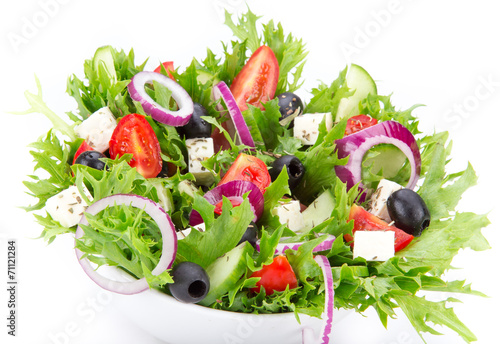 Fresh tasty salad on white background