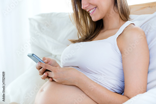 Pregnant woman using her mobile phone on sofa.