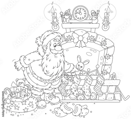 Santa Claus putting his gifts into decorated socks