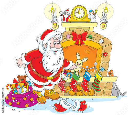 Santa Claus putting his gifts into decorated socks