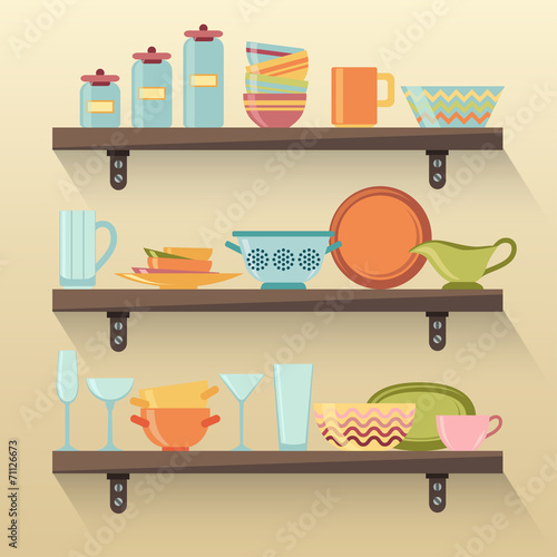 Kitchen shelves with colorful tableware © barmaleeva