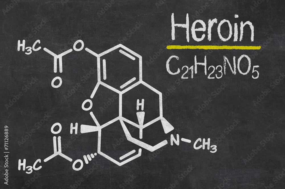 Schiefertafel mit der chemischen Formel von Heroin Schiefertafel mit der chemischen Formel von Heroin