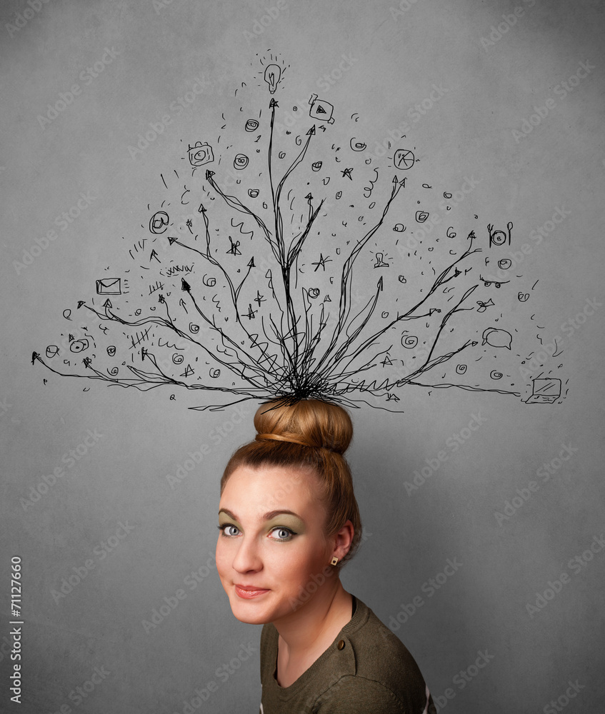 Young woman with tangled lines coming out of her head Young woman with tangled lines coming out of her head
