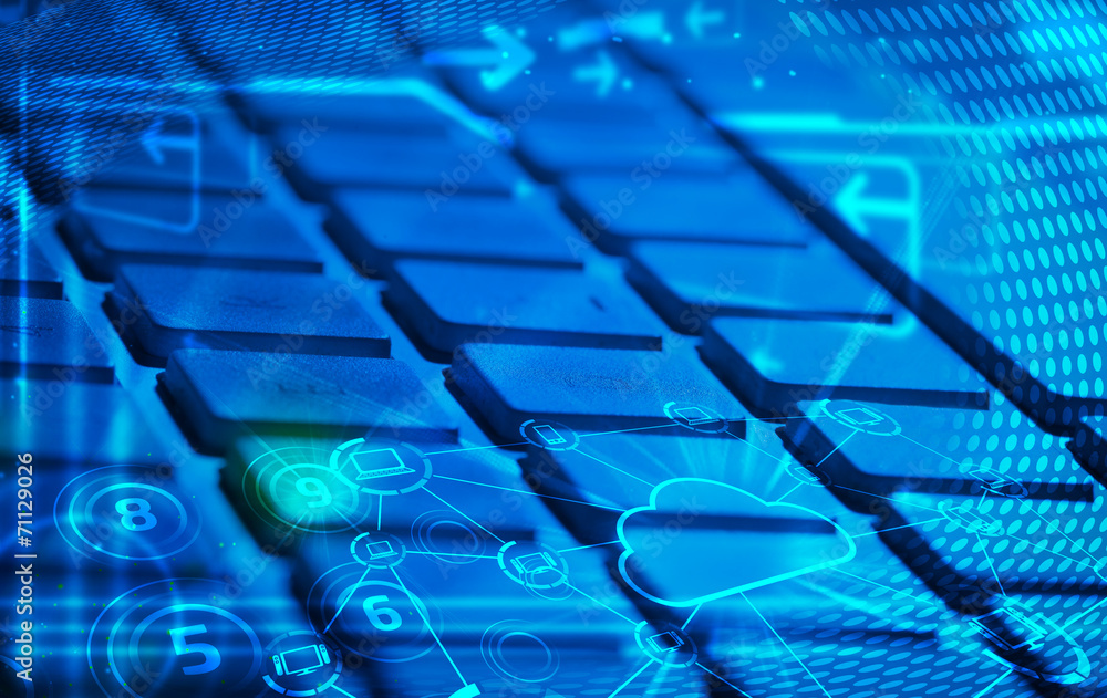 Keyboard with glowing cloud technology icons Keyboard with glowing cloud technology icons
