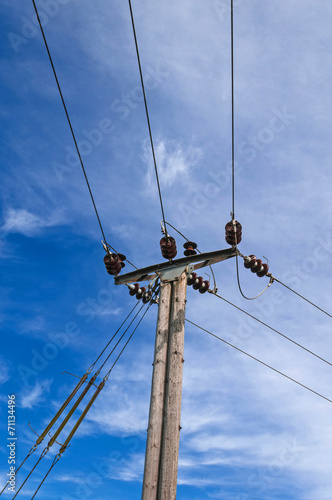 Wooden Power Electricity Pole Pylon,Blue Sky Background