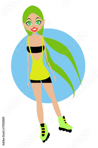 Young girl with long green hair rollerblading