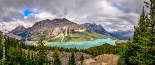 Panoramic view of Peyto lake and Rocky mountains, Canada