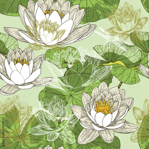 Seamless background with blooming water lilies and dragonflies