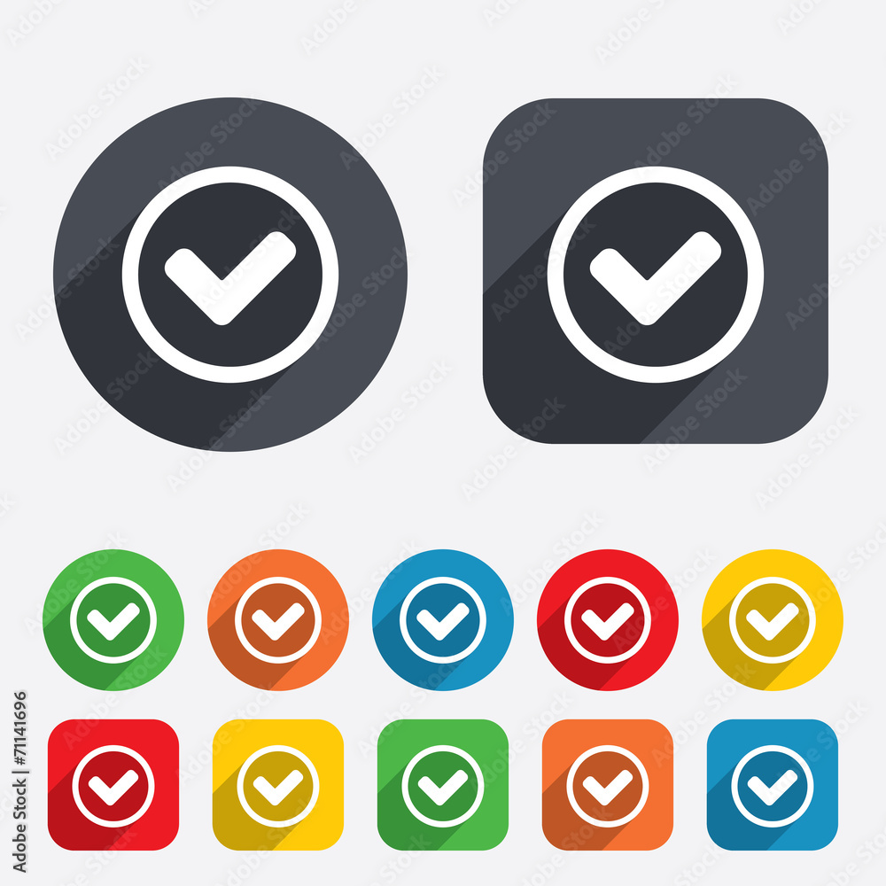 Check mark sign icon. Yes circle symbol. Check mark sign icon. Yes circle symbol.