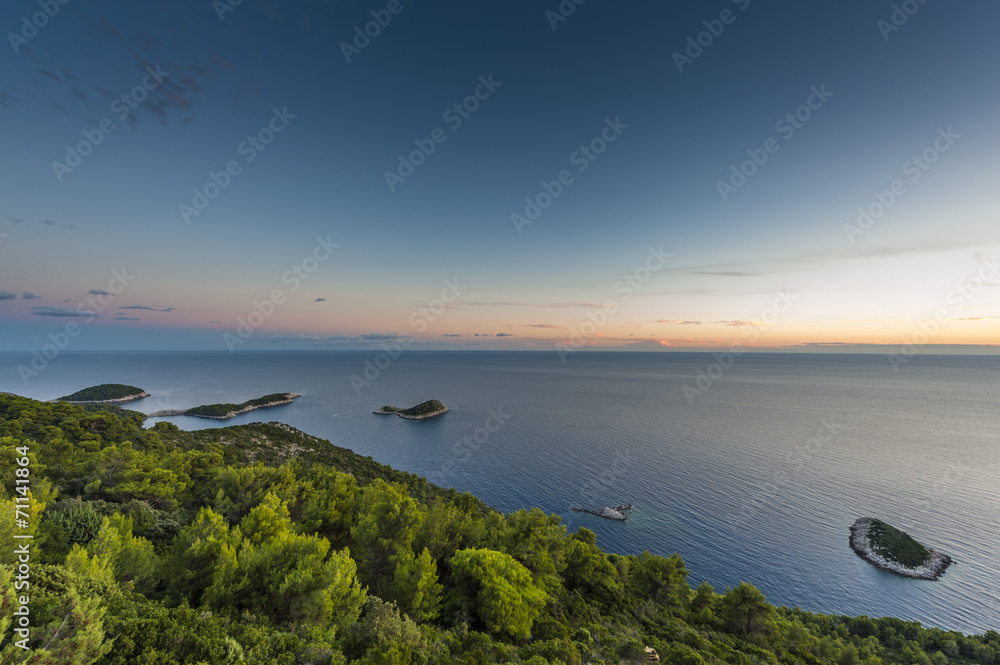 View from Mljet Island at sea with small islands.