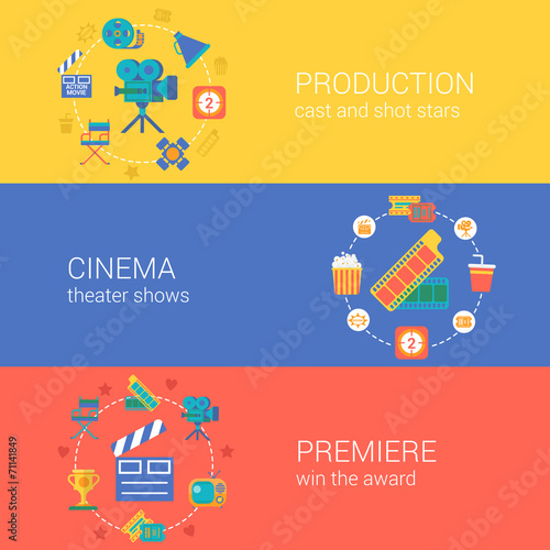 Flat video movie production cinema design icons set