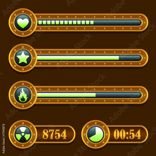 Game steampunk energy time progress bar icons set