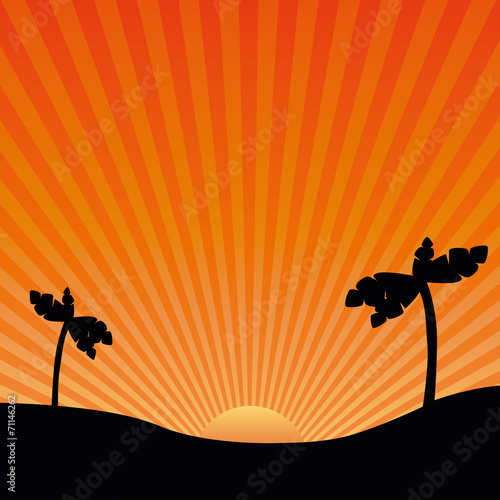 Vector drawing of the sun and exotic landscapes