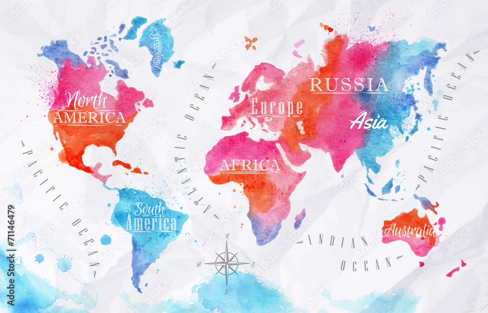 Obraz Mapa świata akwarela różowy niebieski