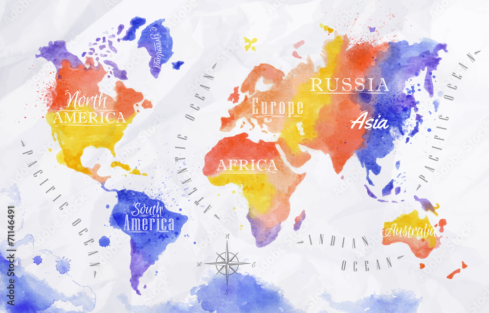 Watercolor world map red purple
