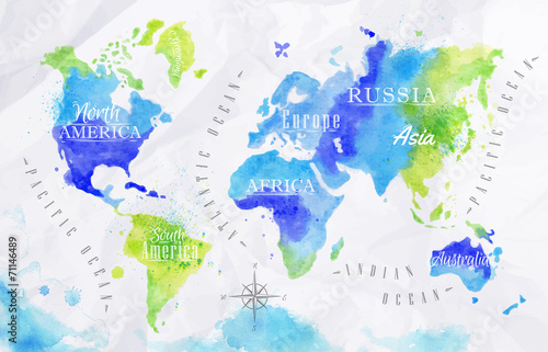 Obraz na plátně Watercolor world map green blue