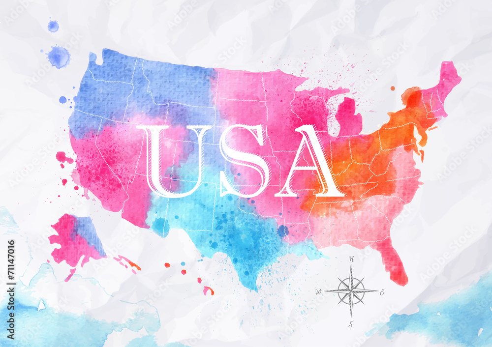 Obraz Akwarela mapa Stany Zjednoczone różowy niebieski