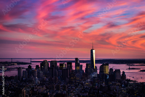 Aerial view of lower Manhattan in wild pink colors of sunset © VOJTa Herout