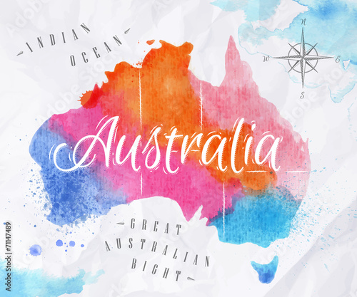 Obraz na płótnie Watercolor map Australia pink blue