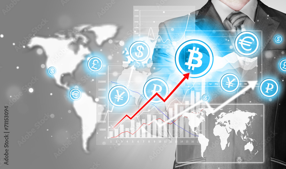 Choosing bitcoins, businessman pressing touch screen button. Choosing bitcoins, businessman pressing touch screen button.