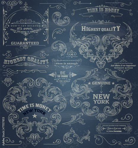 Set of retro elements: baroque frames, retro labels. Chalk style