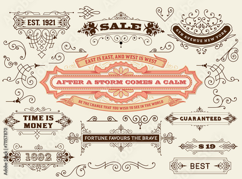 Vector. Set of calligraphic design elements: Labels, banners, ba