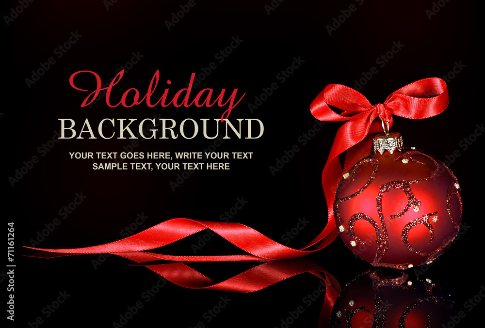 Christmas background with a red ornament and ribbon - obrazy, fototapety, plakaty 