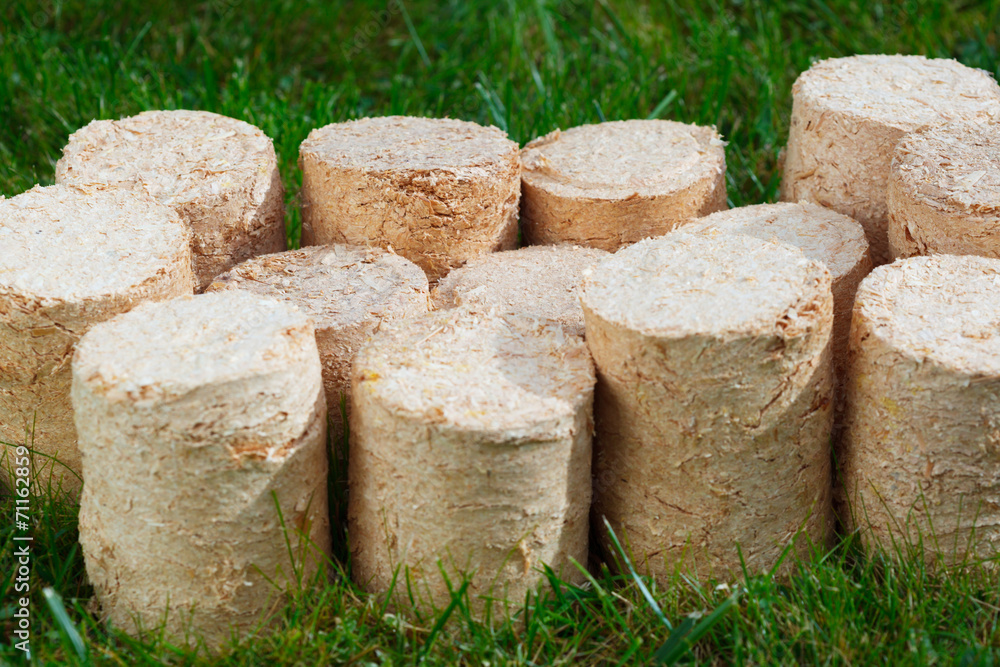 wooden pellets on green grass background wooden pellets on green grass background