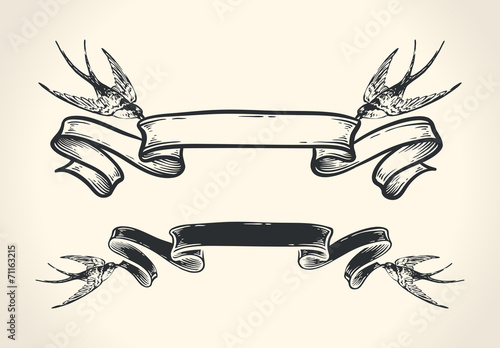 Vintage illustration of birds holding ribbon
